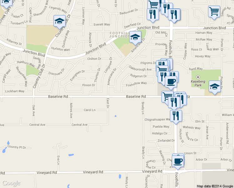 map of restaurants, bars, coffee shops, grocery stores, and more near 1301 Ridgerun Drive in Roseville