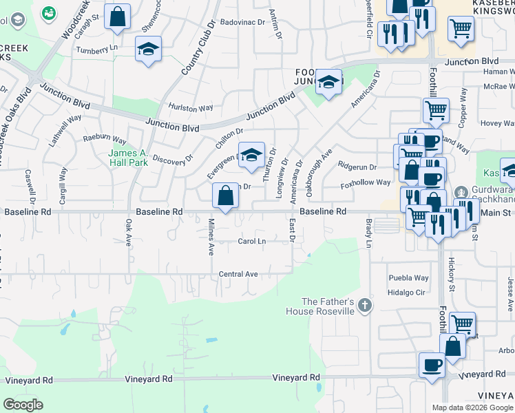map of restaurants, bars, coffee shops, grocery stores, and more near 2203 Longview Drive in Roseville