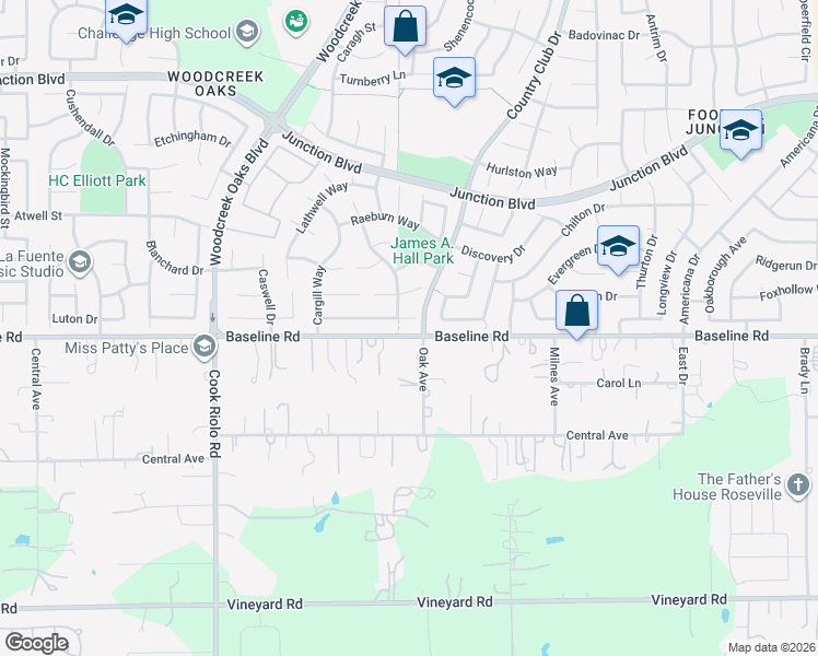 map of restaurants, bars, coffee shops, grocery stores, and more near 104 Galston Court in Roseville