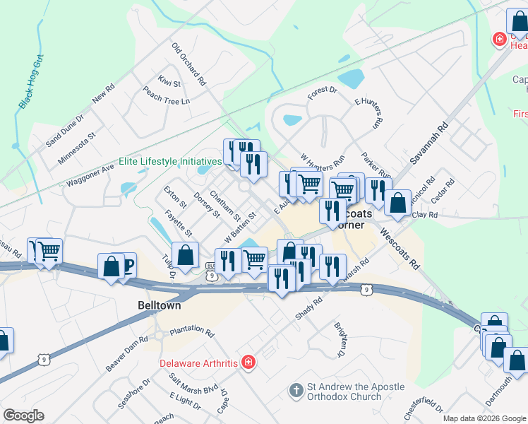 map of restaurants, bars, coffee shops, grocery stores, and more near 33222 East Chesapeake Street in Lewes