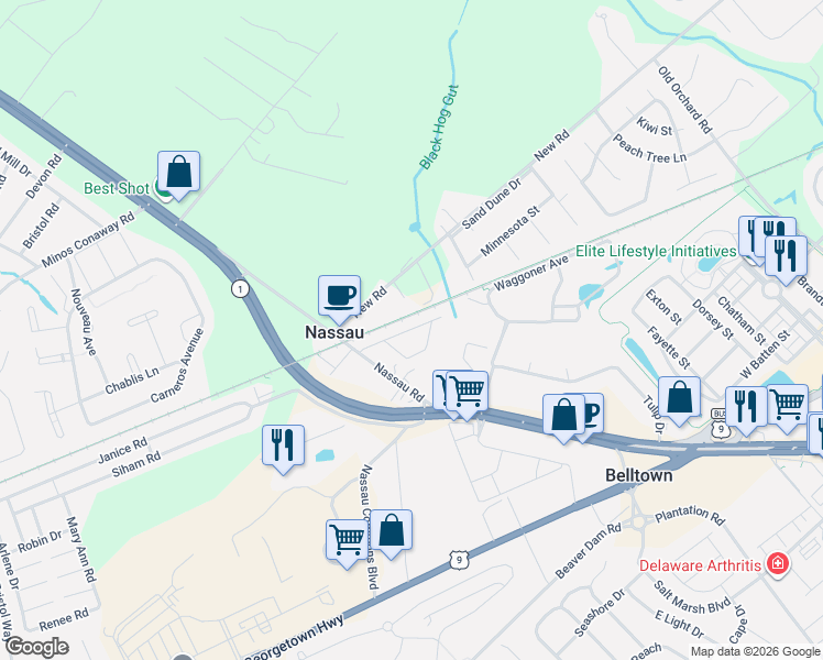 map of restaurants, bars, coffee shops, grocery stores, and more near 17277 Queen Anne Way in Lewes