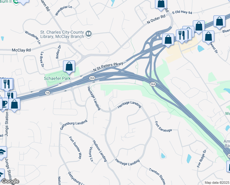 map of restaurants, bars, coffee shops, grocery stores, and more near 1232 Heritage Court in Saint Charles