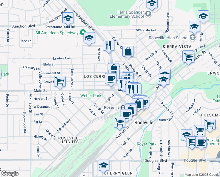 map of restaurants, bars, coffee shops, grocery stores, and more near in Roseville
