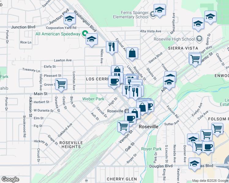 map of restaurants, bars, coffee shops, grocery stores, and more near in Roseville