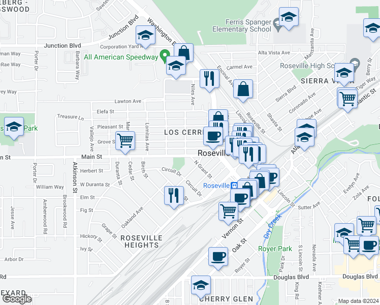 map of restaurants, bars, coffee shops, grocery stores, and more near 350 Main Street in Roseville