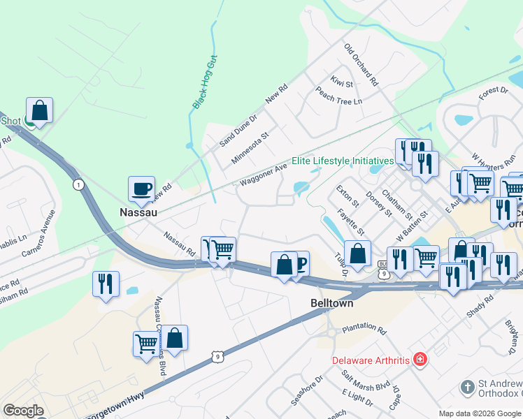 map of restaurants, bars, coffee shops, grocery stores, and more near 1201 Cedar Street in Lewes