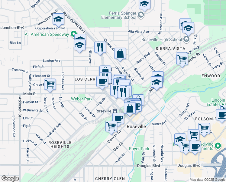 map of restaurants, bars, coffee shops, grocery stores, and more near 113 Placer Street in Roseville