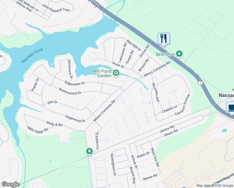 map of restaurants, bars, coffee shops, grocery stores, and more near 31160 Edgewater Drive in Lewes