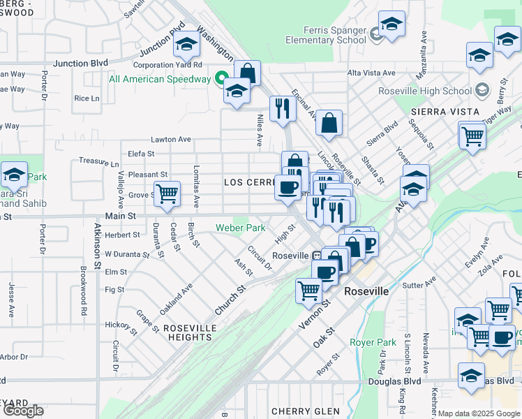 map of restaurants, bars, coffee shops, grocery stores, and more near 118 Alta Avenue in Roseville