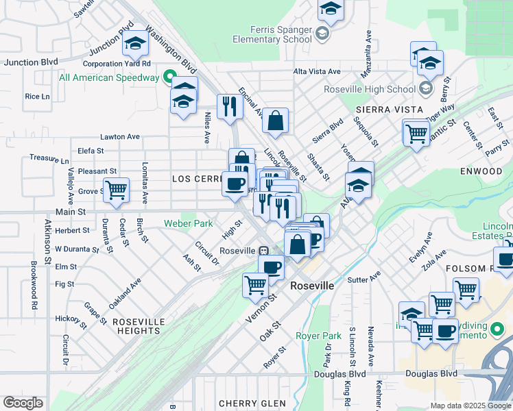 map of restaurants, bars, coffee shops, grocery stores, and more near 140 Main Street in Roseville