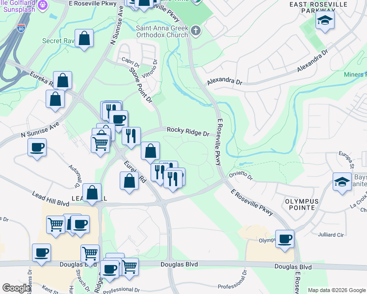 map of restaurants, bars, coffee shops, grocery stores, and more near 310 Rosemeade at Olympus Pointe in Roseville