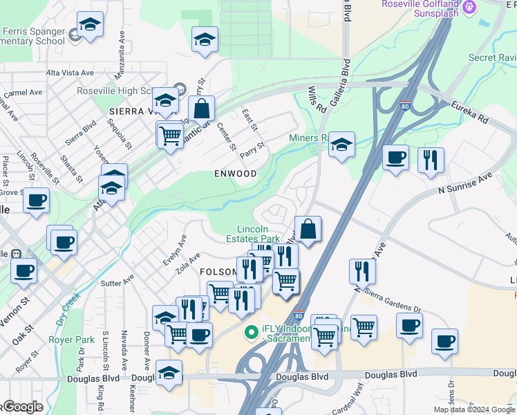 map of restaurants, bars, coffee shops, grocery stores, and more near 265 Sharp Circle in Roseville