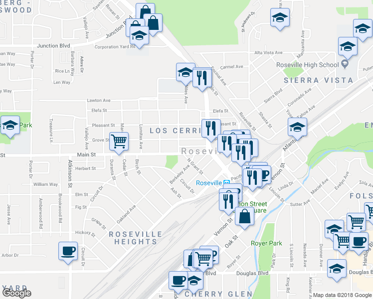 map of restaurants, bars, coffee shops, grocery stores, and more near 118 Alta Avenue in Roseville
