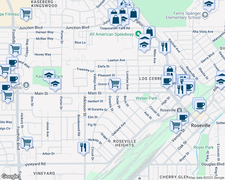 map of restaurants, bars, coffee shops, grocery stores, and more near 717 Grove Street in Roseville