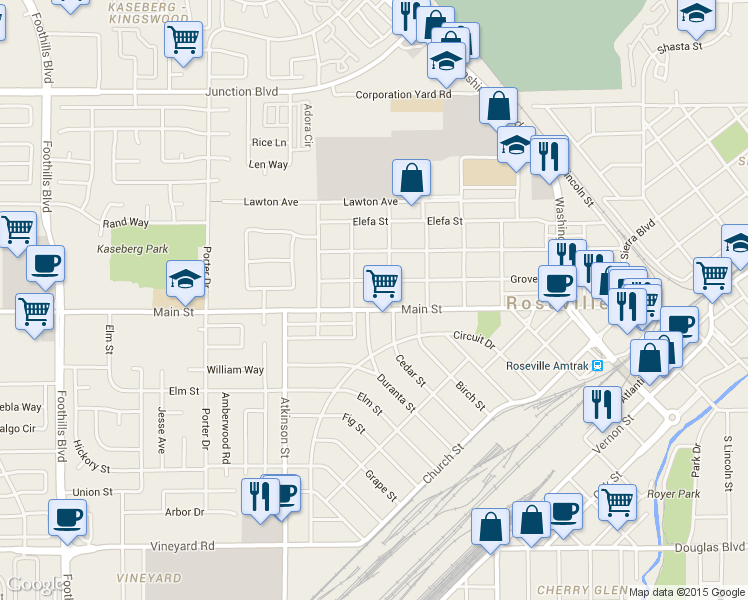 map of restaurants, bars, coffee shops, grocery stores, and more near 717 Grove Street in Roseville