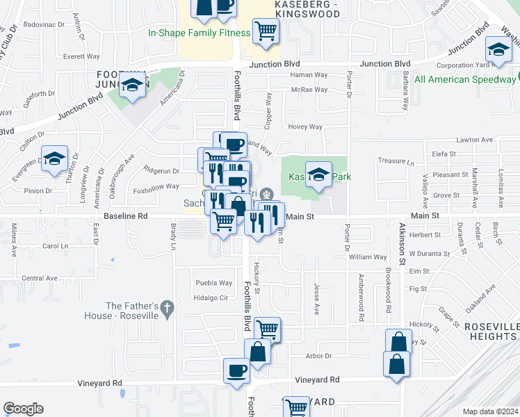 map of restaurants, bars, coffee shops, grocery stores, and more near 1090 Main Street in Roseville