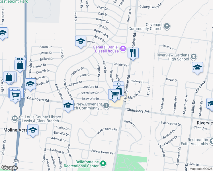 map of restaurants, bars, coffee shops, grocery stores, and more near 10132 Cabot Drive in St. Louis