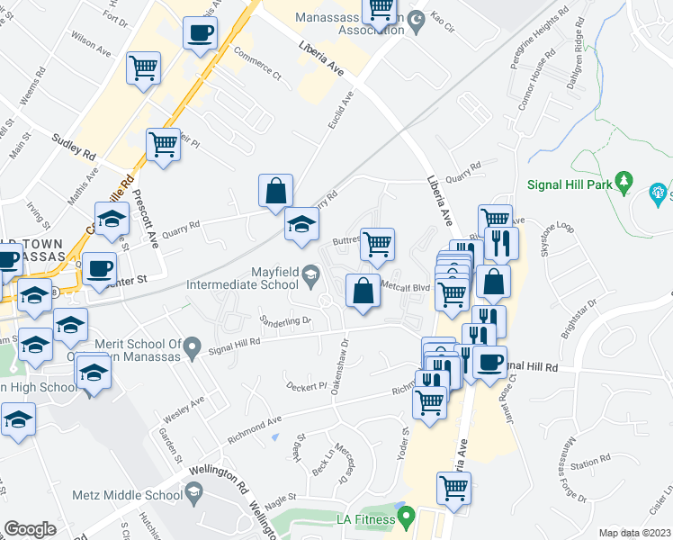 map of restaurants, bars, coffee shops, grocery stores, and more near 9567 Coggs Bill Drive in Manassas
