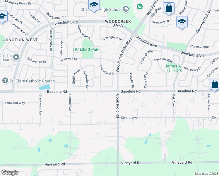 map of restaurants, bars, coffee shops, grocery stores, and more near 1010 Vanston Way in Roseville