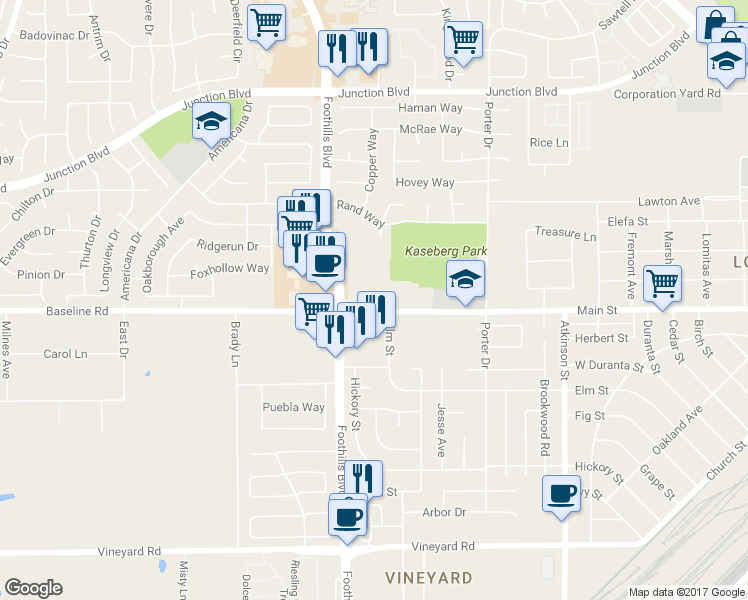 map of restaurants, bars, coffee shops, grocery stores, and more near 1090 Main Street in Roseville