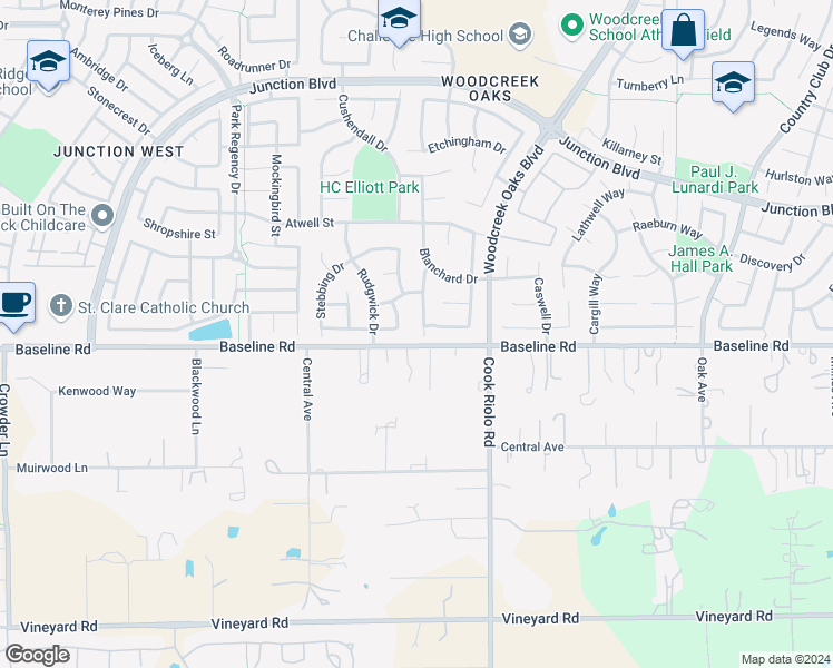 map of restaurants, bars, coffee shops, grocery stores, and more near 203 Ryland Court in Roseville