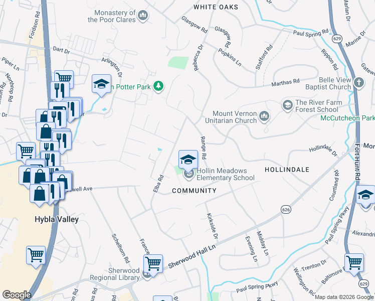 map of restaurants, bars, coffee shops, grocery stores, and more near 7603 Elba Rd in Alexandria