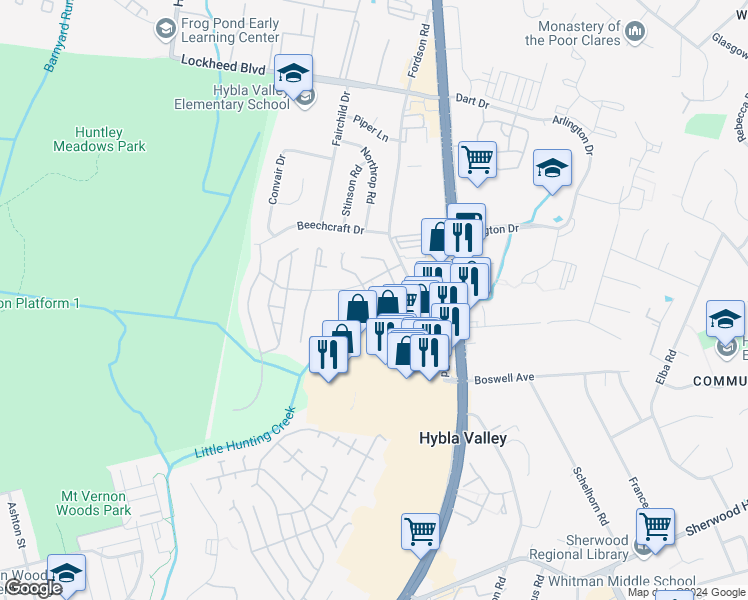 map of restaurants, bars, coffee shops, grocery stores, and more near 7511C Snowpea Court in Alexandria