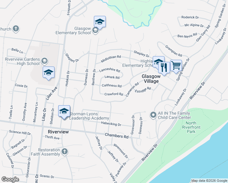map of restaurants, bars, coffee shops, grocery stores, and more near 404 Caithness Road in St. Louis