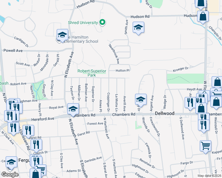 map of restaurants, bars, coffee shops, grocery stores, and more near 519 Coppinger Drive in Ferguson