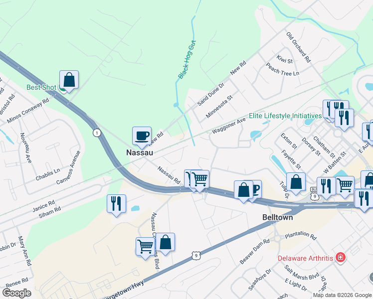 map of restaurants, bars, coffee shops, grocery stores, and more near 17477 Taramino Place in Lewes