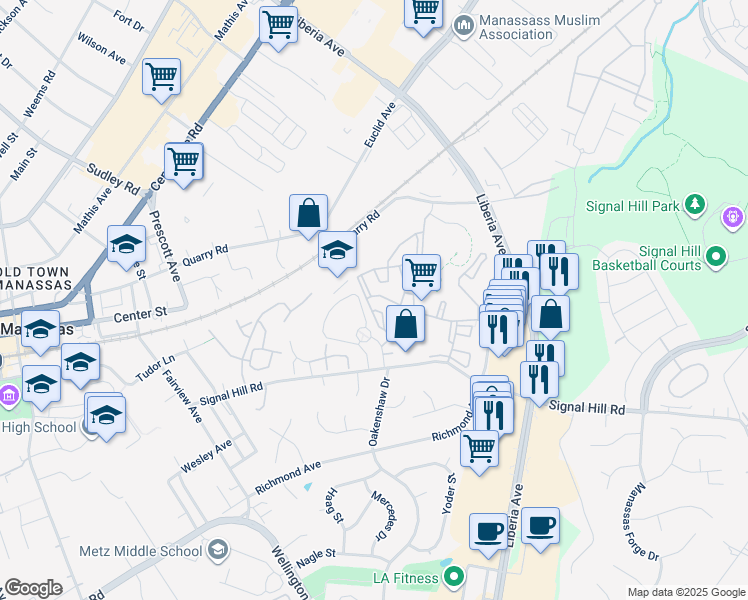 map of restaurants, bars, coffee shops, grocery stores, and more near 9567 Coggs Bill Drive in Manassas