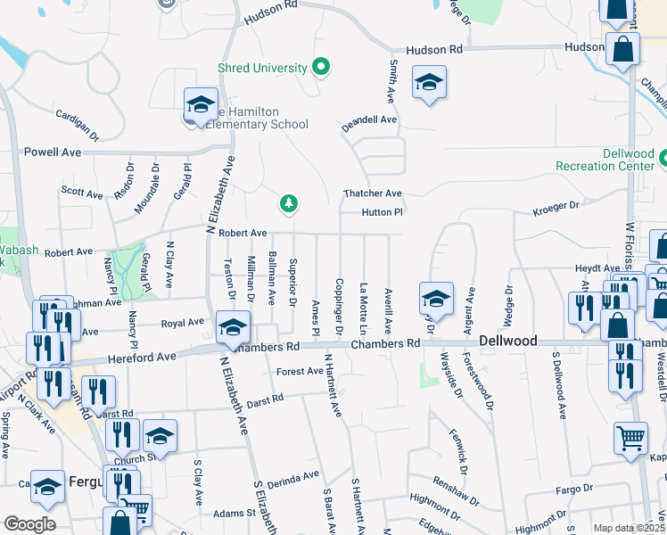 map of restaurants, bars, coffee shops, grocery stores, and more near 519 Coppinger Drive in Ferguson