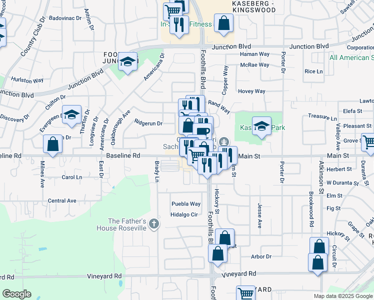 map of restaurants, bars, coffee shops, grocery stores, and more near 4010 Foothills Boulevard in Roseville
