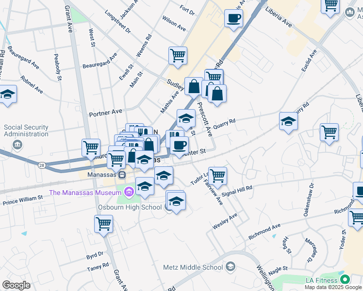 map of restaurants, bars, coffee shops, grocery stores, and more near 8931 Quarry Road in Manassas