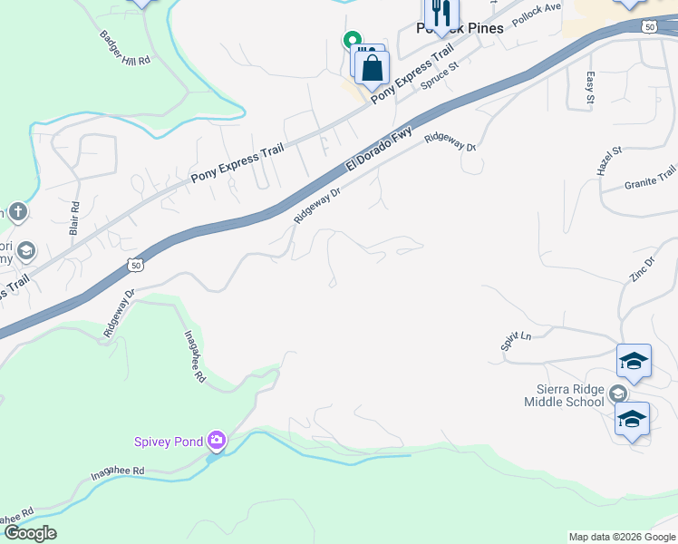 map of restaurants, bars, coffee shops, grocery stores, and more near 3570 Poolhouse Road in Pollock Pines