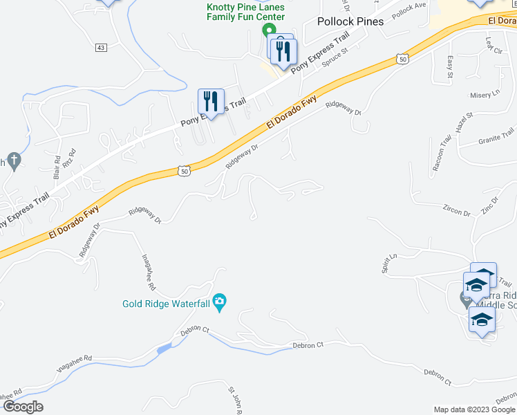 map of restaurants, bars, coffee shops, grocery stores, and more near 3570 Poolhouse Road in Pollock Pines