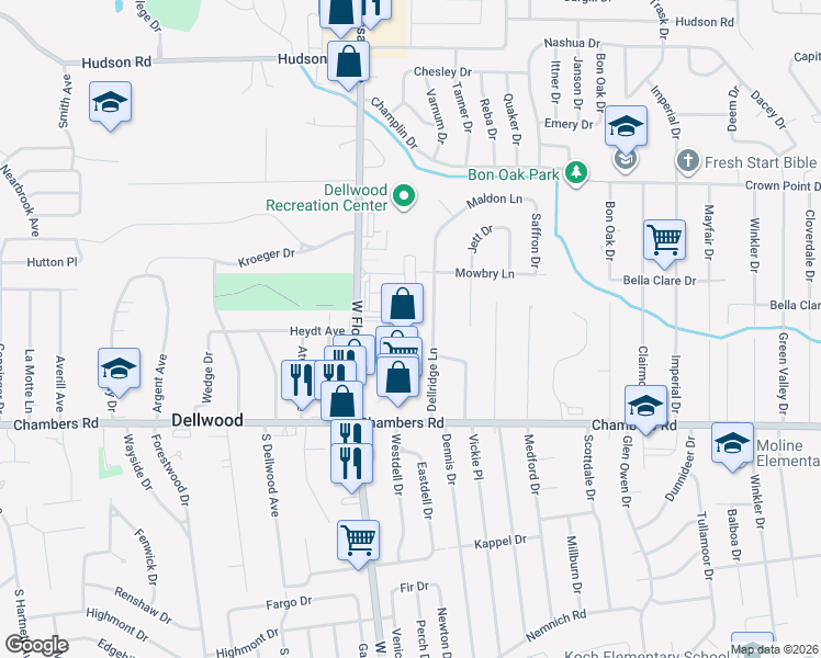 map of restaurants, bars, coffee shops, grocery stores, and more near 10134 West Florissant Avenue in St. Louis