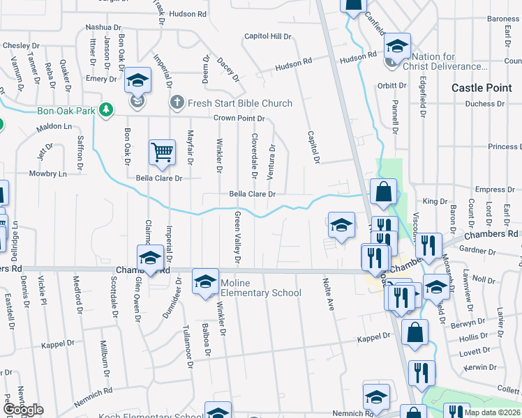map of restaurants, bars, coffee shops, grocery stores, and more near 10078 Ventura Drive in St. Louis