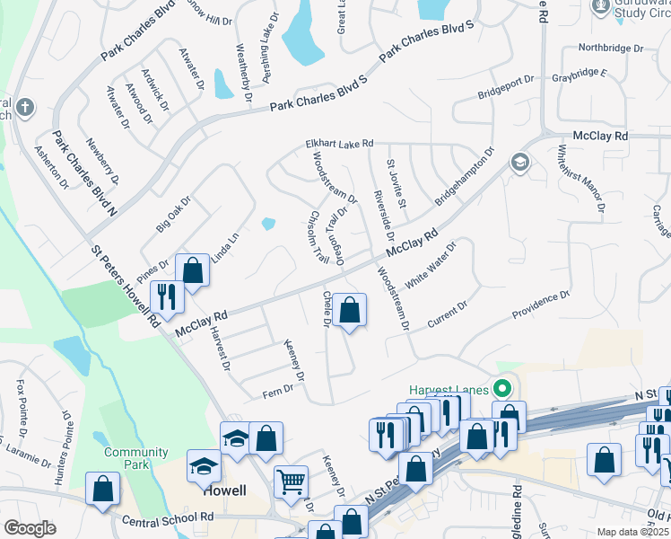 map of restaurants, bars, coffee shops, grocery stores, and more near 601 Oregon Trail Drive in Saint Charles