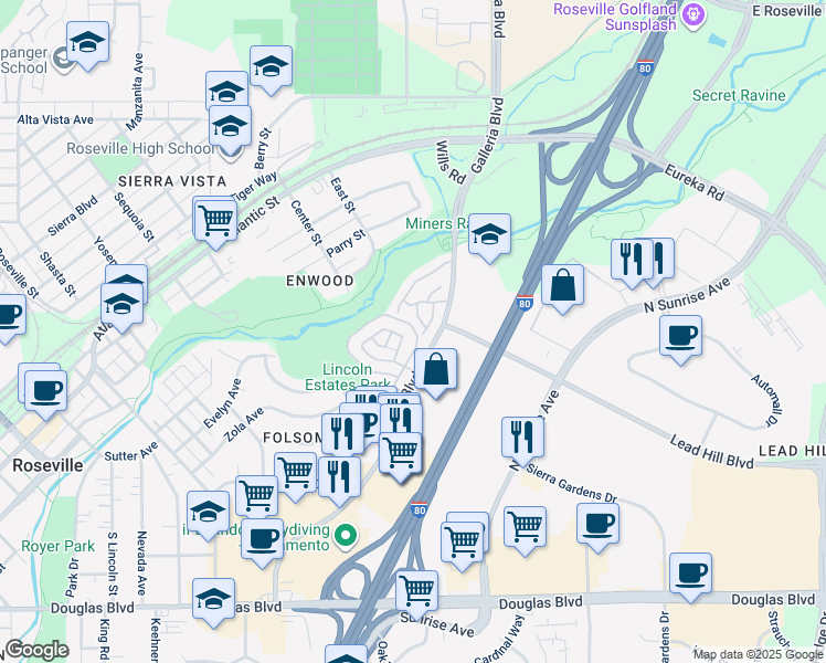 map of restaurants, bars, coffee shops, grocery stores, and more near 425 Forest Knoll in Roseville