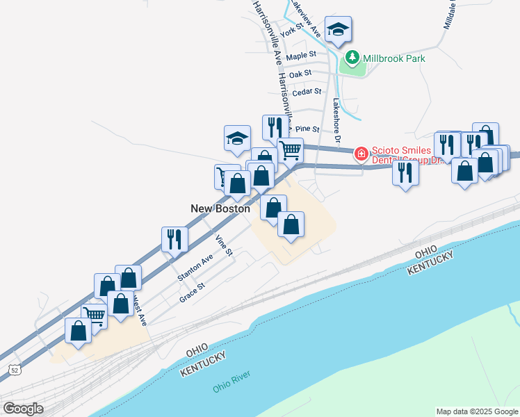 map of restaurants, bars, coffee shops, grocery stores, and more near 3980 Rhodes Avenue in New Boston