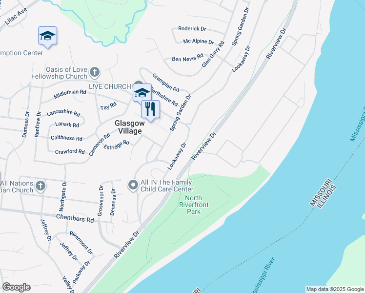map of restaurants, bars, coffee shops, grocery stores, and more near 10301 Lookaway Drive in St. Louis