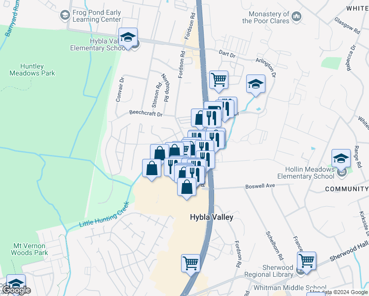map of restaurants, bars, coffee shops, grocery stores, and more near 7520C Snowpea Court in Alexandria