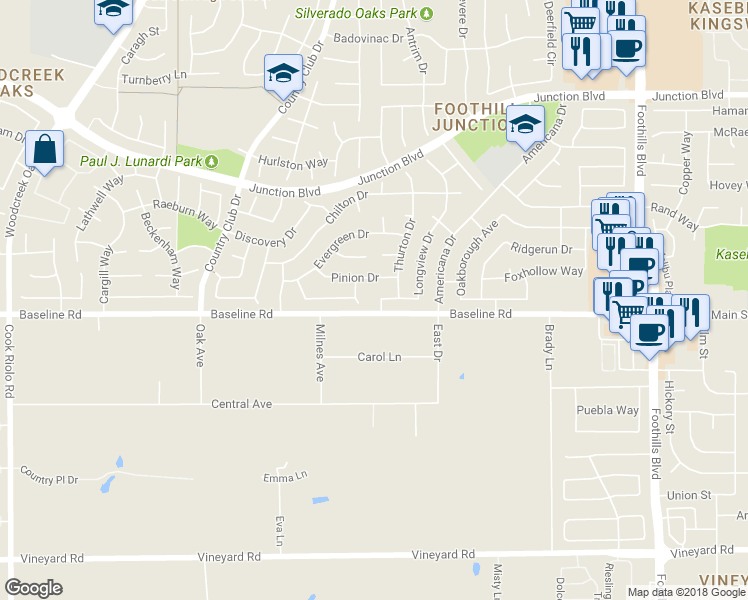 map of restaurants, bars, coffee shops, grocery stores, and more near 2203 Longview Drive in Roseville