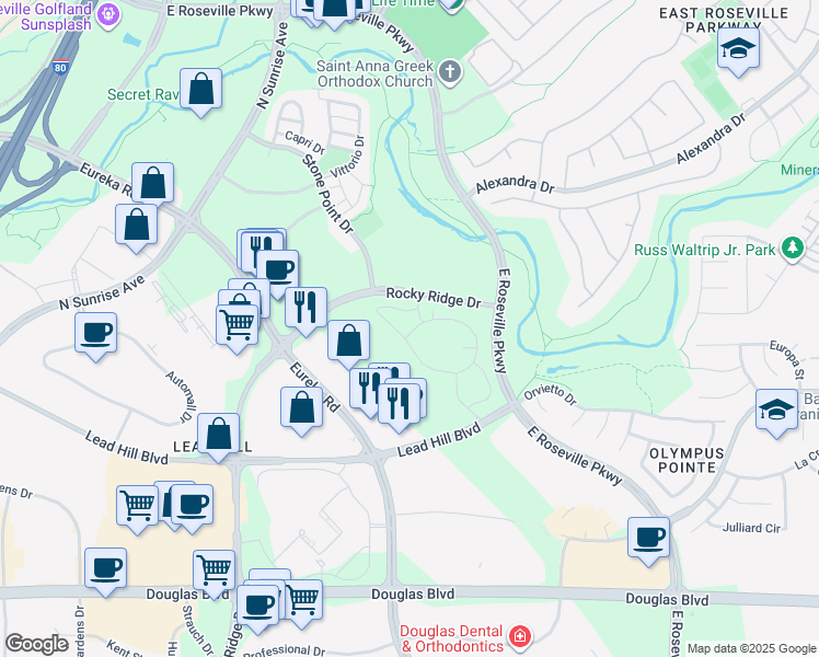 map of restaurants, bars, coffee shops, grocery stores, and more near 310 Rosemeade at Olympus Pointe in Roseville