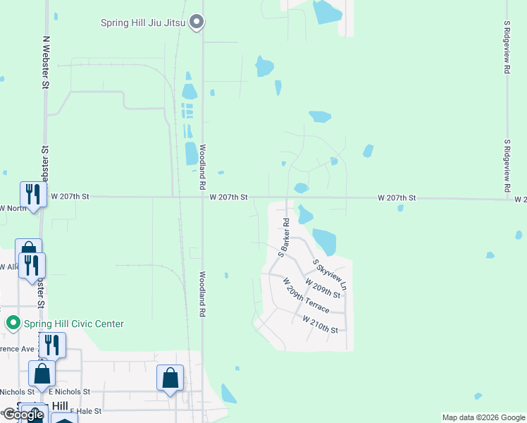 map of restaurants, bars, coffee shops, grocery stores, and more near 19556 West 207th Terrace in Spring Hill