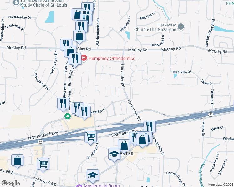 map of restaurants, bars, coffee shops, grocery stores, and more near 922 Penny Lane in St. Peters