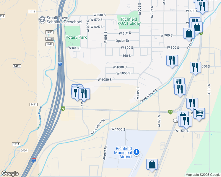 map of restaurants, bars, coffee shops, grocery stores, and more near 765 West 1100 South in Richfield