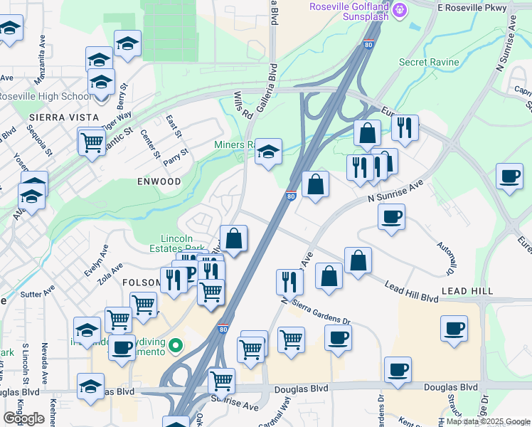 map of restaurants, bars, coffee shops, grocery stores, and more near 5 Sierra Gate Plaza in Roseville