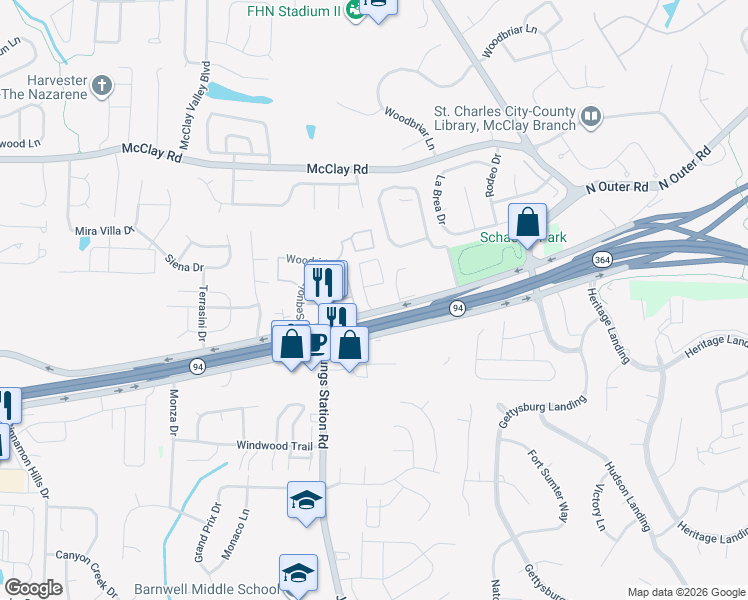 map of restaurants, bars, coffee shops, grocery stores, and more near 1200 Bardic Circle in St. Peters